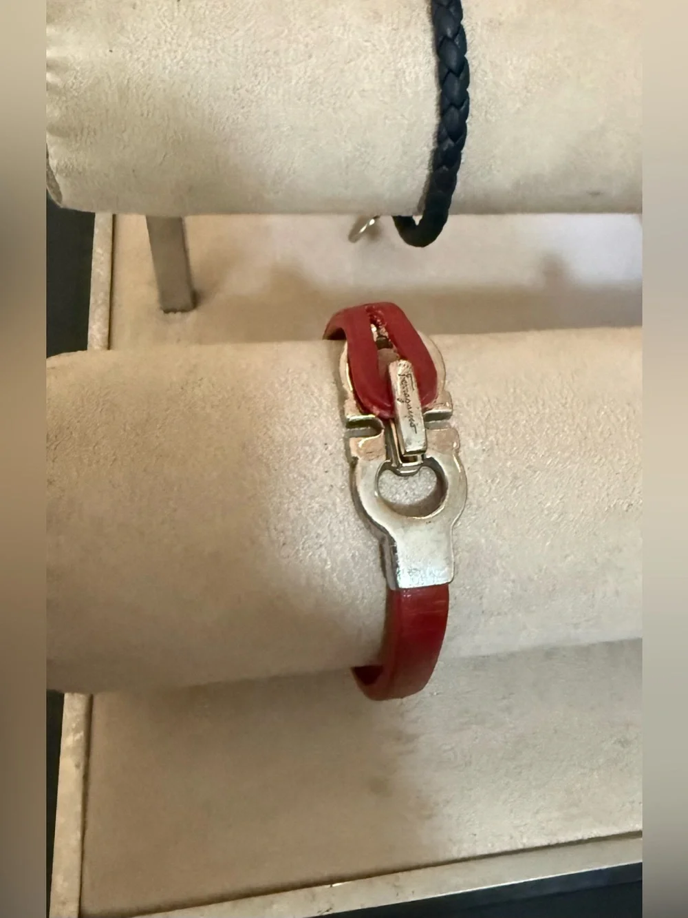 Ferragamo Red Leather Bracelet with Silver Logo Closure